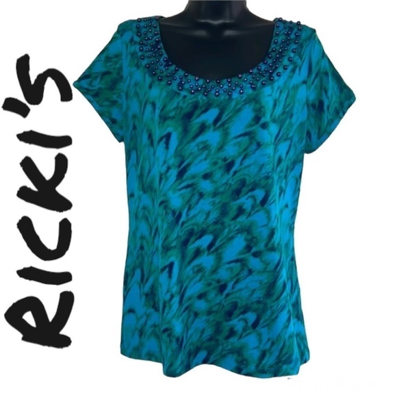 Ricki’s Greeb/Blue Printed Short Sleeve Beaded Top Size M - Picture 1 of 9